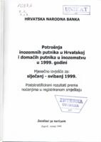 prikaz prve stranice dokumenta Potrošnja inozemnih putnika u Hrvatskoj i domaćih putnika u inozemstvu u 1999. godini : mjesečno izvješće za siječanj-svibanj 1999. Poststratificirani rezultati prema noćenjima u registriranom smještaju.