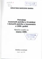 prikaz prve stranice dokumenta Potrošnja inozemnih putnika u Hrvatskoj i domaćih putnika u inozemstvu u 1999. godini: mjesečno izvješće za srpanj 1999,